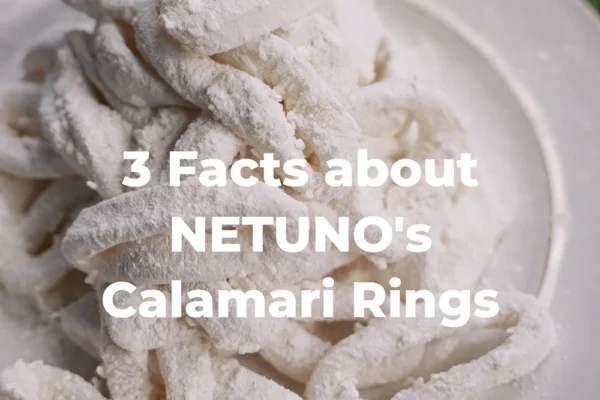 Calamari-Rings-Facts Breaded calamari rings ready to fry with the text "3 Facts about NETUNO's Calamari Rings"