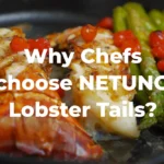 Poached Lobster tails and asparagus on a plate with the text "Why Chefs choose NETUNO Lobster Tails?"