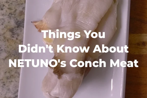 Frozen-Conch-Meat-Facts Raw conch meat on a plate with the text "Things You Didn't Know About NETUNO's Conch Meat"