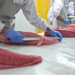 Ahi tuna loins being trimmed at the plant