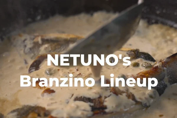Netuno-Branzino-Lineup A butterflied branzino fillet is cooking in a caper sauce with the text "NETUNO's Branzino Lineup"